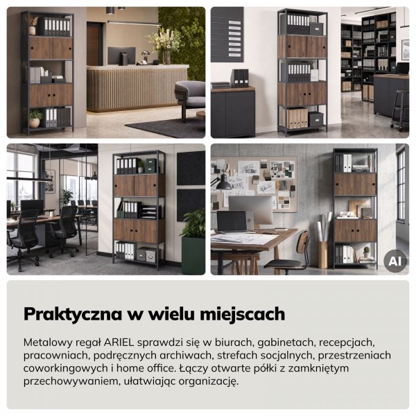 Regał biurowy metalowy z szafkami Eco Design Ariel, 80x40x220 cm, orzech/antracyt
