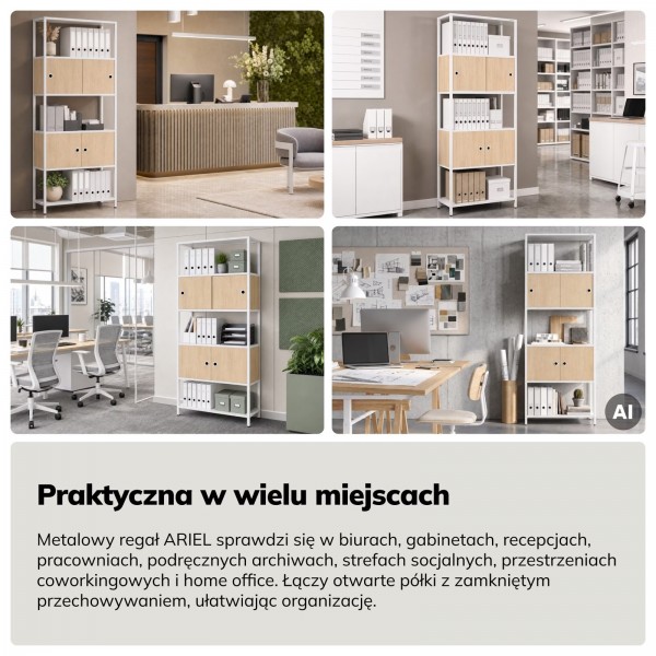Regał biurowy metalowy z szafkami Eco Design Ariel, 80x40x220 cm, dąb sonoma/biały