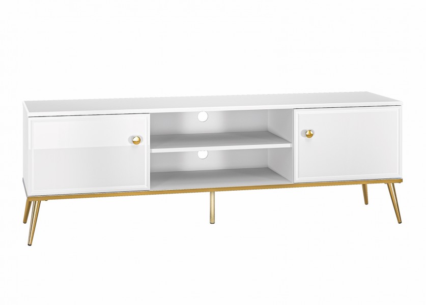 Szafka RTV 160 cm Goldin 06, biały połysk / złoty