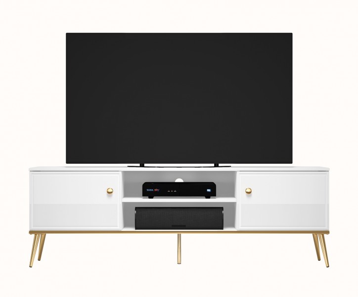 Szafka RTV 160 cm Goldin 06, biały połysk / złoty