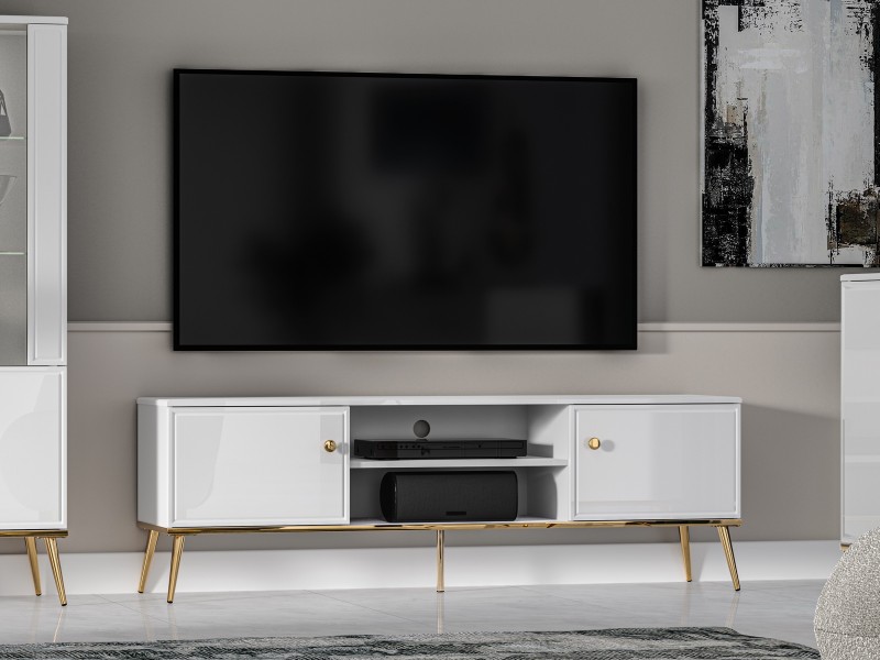 Szafka RTV 160 cm Goldin 06, biały połysk / złoty
