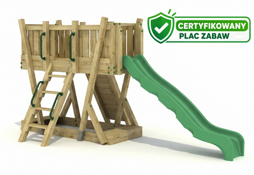 Certyfikowany drewniany plac zabaw ze zjeżdżalnią i piaskownicą FunForte I