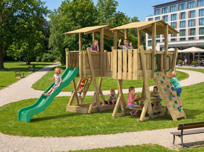 Duży drewniany plac zabaw FunForte V z certyfikatem do szkoły i przedszkola