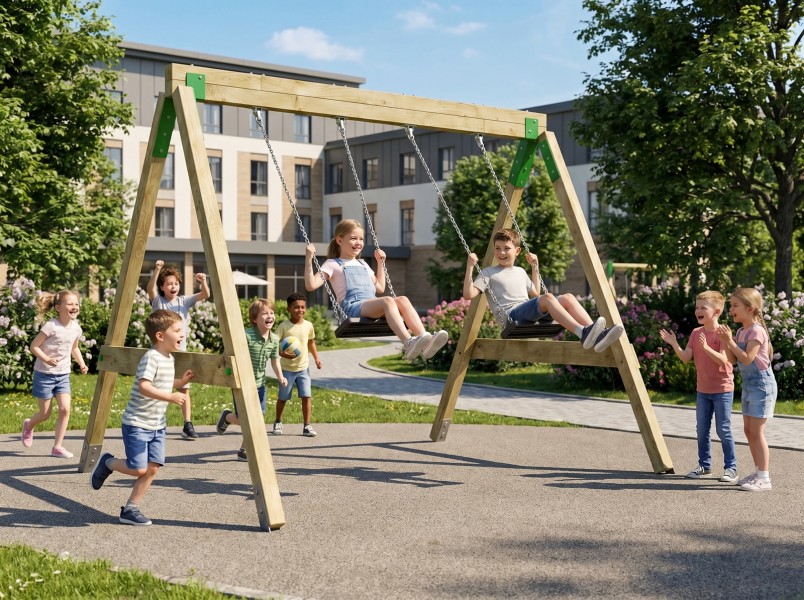 Huśtawka podwójna drewniana na plac zabaw z certyfikatem FunForte Swing II