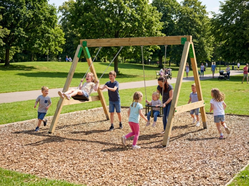 Huśtawka podwójna drewniana na plac zabaw z certyfikatem FunForte Swing II