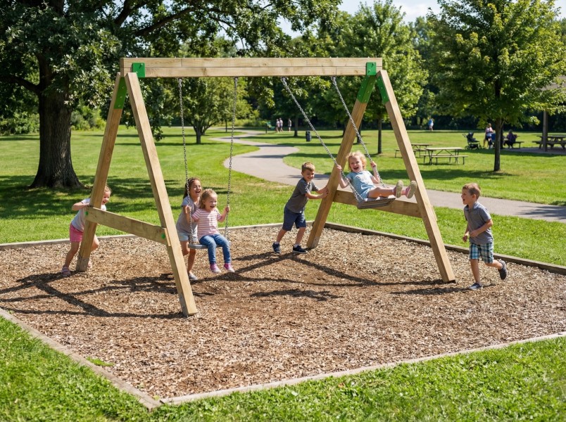 Huśtawka podwójna drewniana na plac zabaw z certyfikatem FunForte Swing II