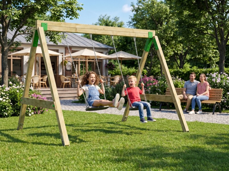 Huśtawka podwójna drewniana na plac zabaw z certyfikatem FunForte Swing II