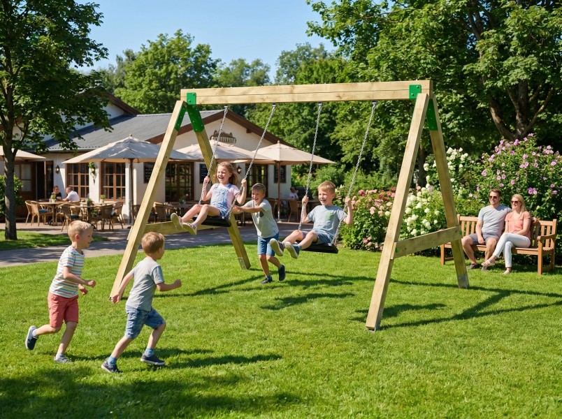 Huśtawka podwójna drewniana na plac zabaw z certyfikatem FunForte Swing II