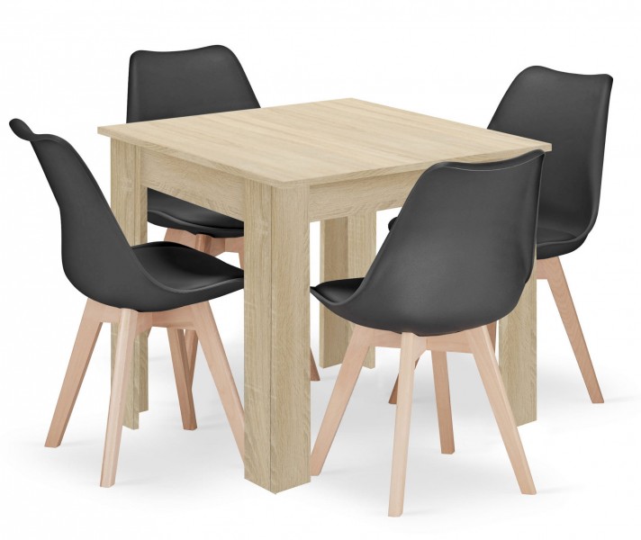 Zestaw stół z 4 krzesłami Savio 019, 80x80 cm, dąb sonoma, krzesła czarne