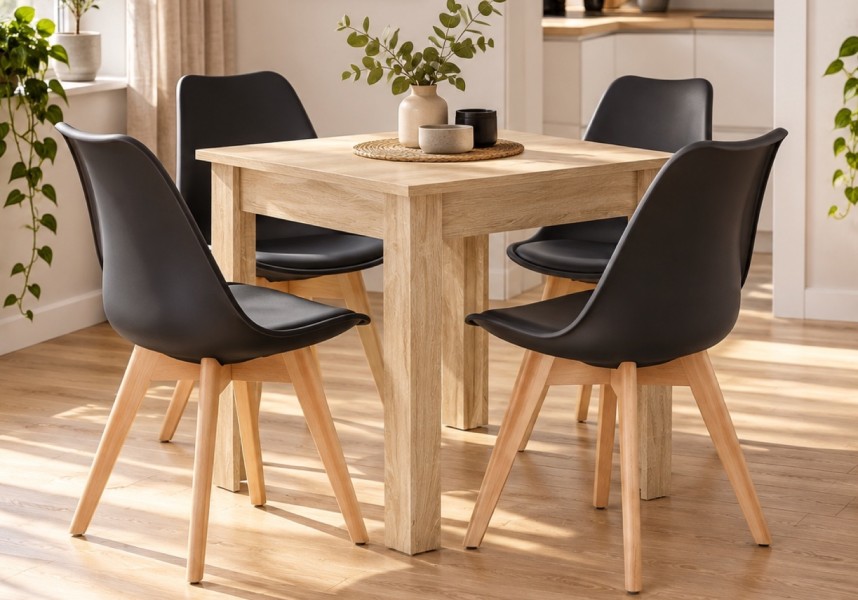 Zestaw stół z 4 krzesłami Savio 019, 80x80 cm, dąb sonoma, krzesła czarne