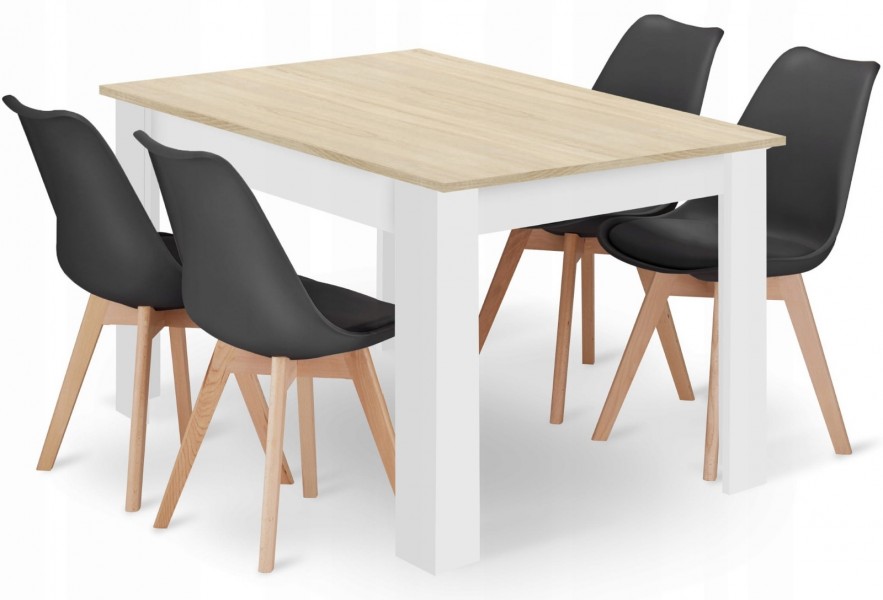 Zestaw stół i 4 krzesła Savio 015, 120x80 cm, dąb sonoma/biały, krzesła czarne