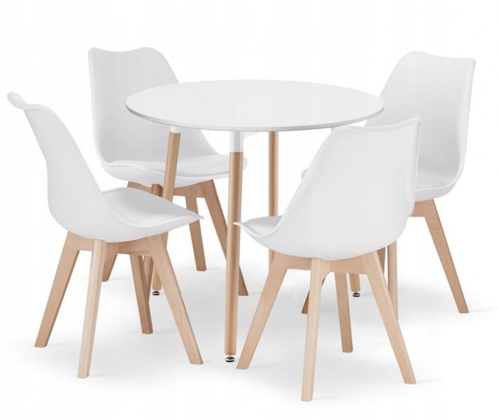Mały stół z 4 krzesłami - zestaw Molde 033, okrągły stół 80 cm i 4 białe krzesła