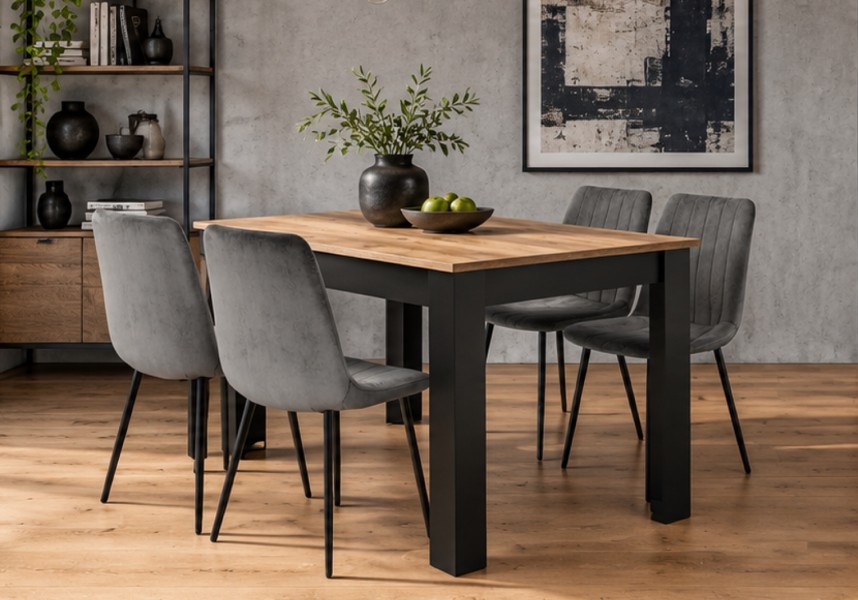 Zestaw jadalniany stół dąb craft 120x80 cm i 4 szare krzesła welurowe Viborg 02