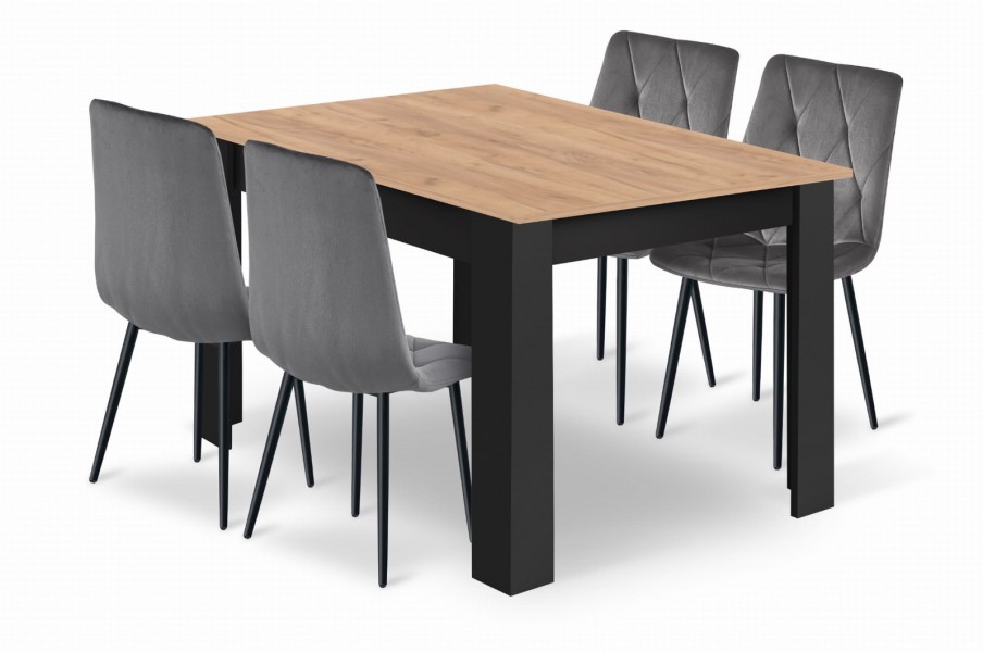 Zestaw jadalniany stół dąb craft 120x80 cm i 4 szare krzesła welurowe Selfos 033