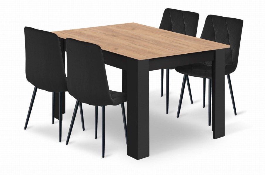 Zestaw jadalniany stół dąb craft 120x80 cm i 4 czarne krzesła welurowe Selfos 035