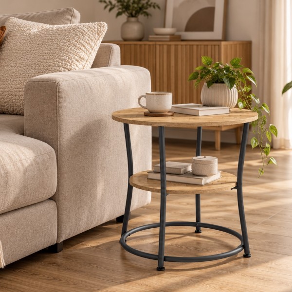Stolik kawowy okrągły 54 cm loft z półką Faro 01, dąb artisan