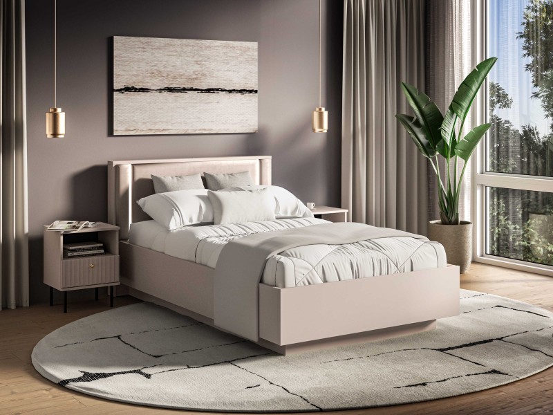 Łóżko 120 × 200 cm Sophie 30 z LED, pojemnikiem na pościel i welurowym zagłówkiem