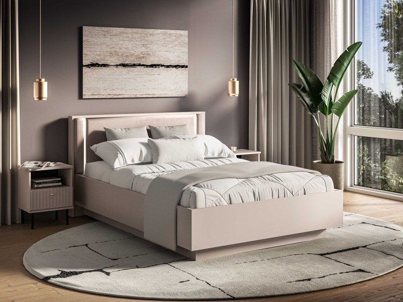 Kaszmirowe łóżko 140 × 200 cm Sophie 31 z LED, pojemnikiem i zagłówkiem