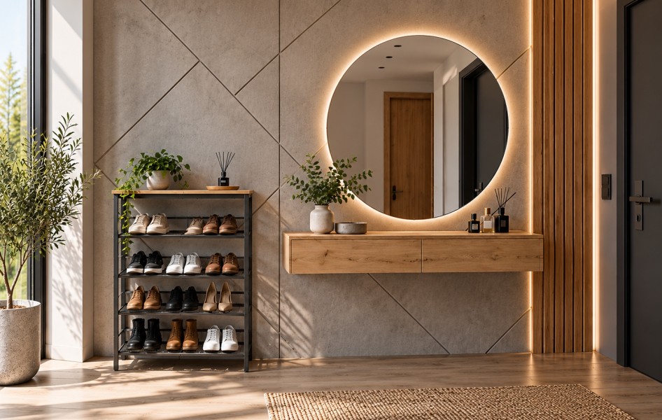 Regał na buty Faro 038 loftowy z 4 ażurowymi półkami, dąb artisan